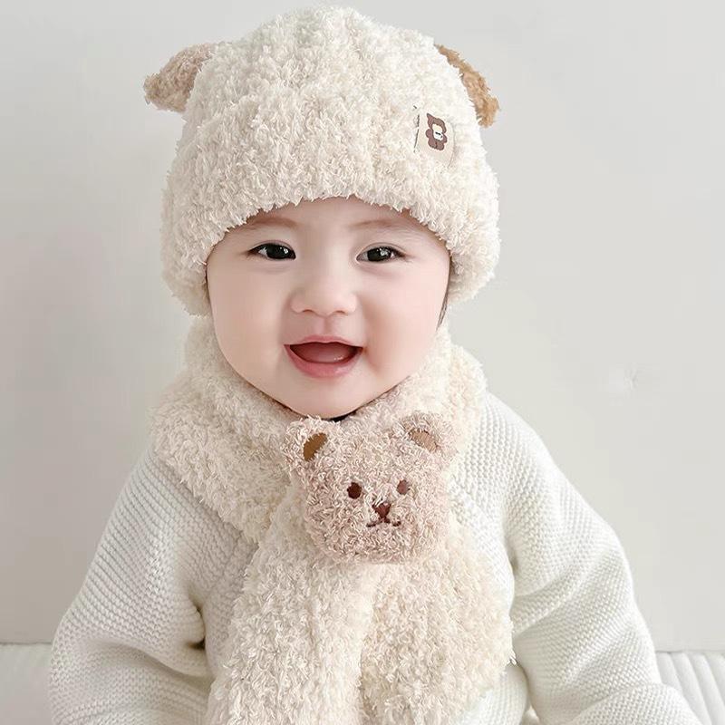 Baby Hat Autumn/Winter Warm Scarf Two Piece Set Baby Cute Windproof Thick Plush Hoodie For Boys And Girls