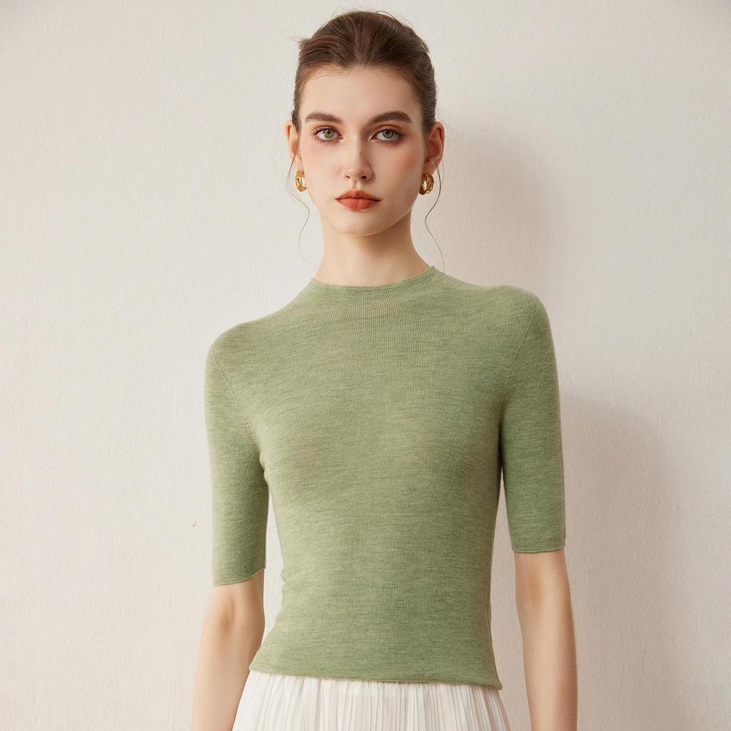 Women's 100% Merino Wool Slim Fit Sweater, 60 Count, Half-High Neck, Elegant Style, Thin Base Layer, Short Knitwear