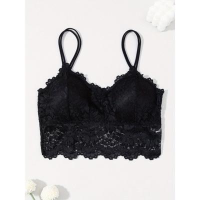 Brassière en Dentelle Florale Blanche pour Femme Double Bretelle Fine Bord Festonné Sans Armatures