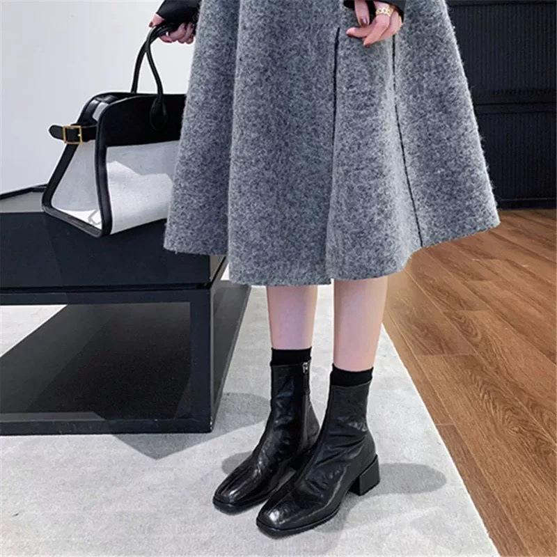 Faux leather French square head thick heel short boots small ankle boots women's autumn and winter new medium and high heel elastic thin boots socks 