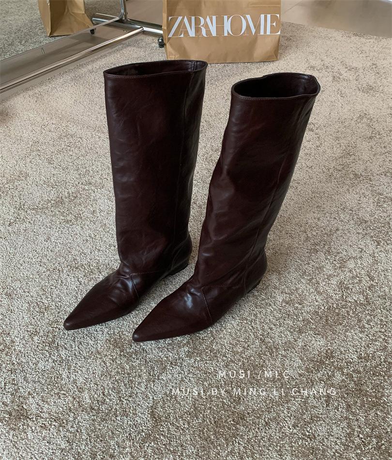 

~ Spice Girls~ 2025 Autumn and Winter New Pointed Wedge Heel Pants Boots Loose Tall Knight Boots Inner Height Increasing Women s Long Boots 39 темно-коричневого