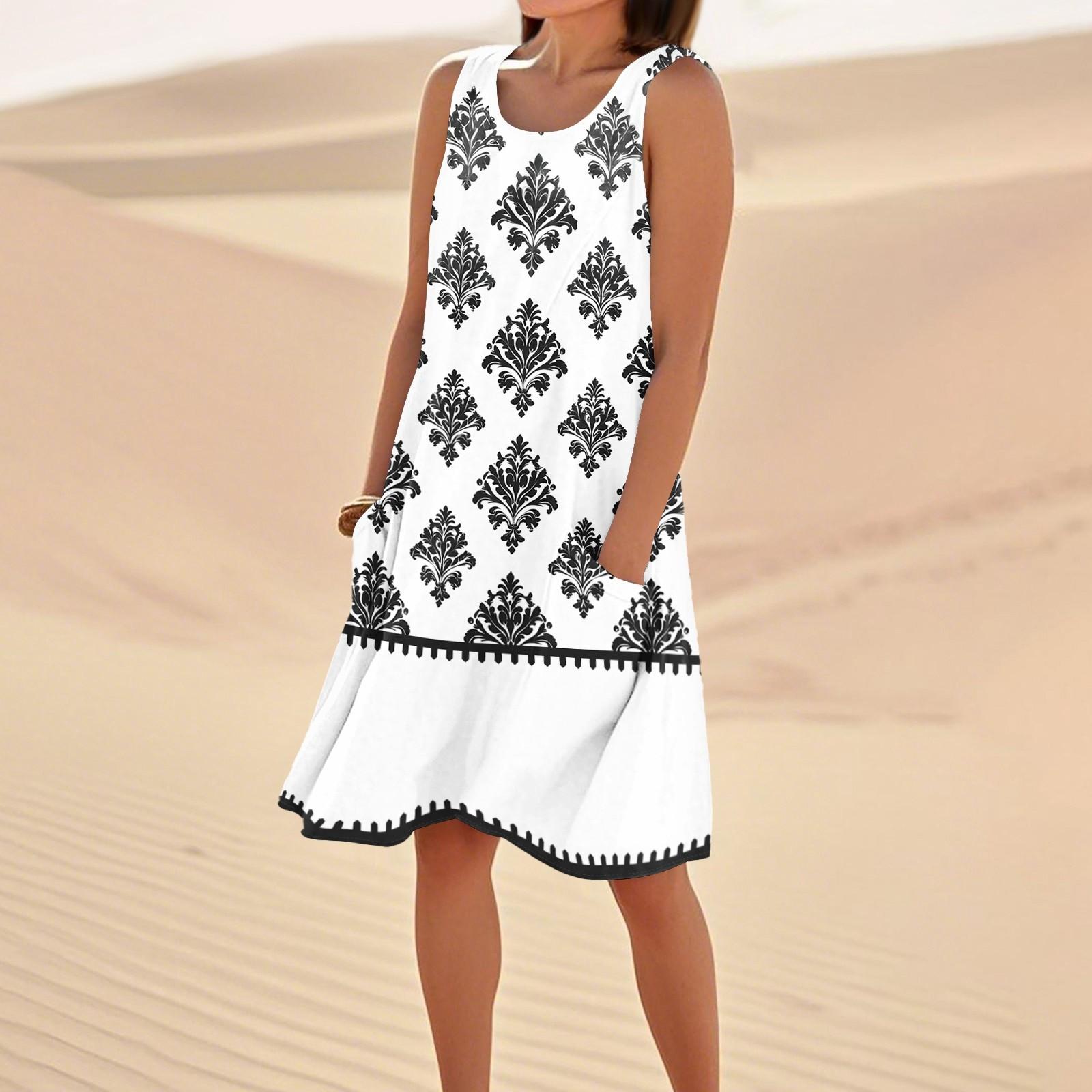 

Print Dresses For Women Loose Beach Vacation Casual Sleeveless Sundresses With Pockets Tank Dress XL білий