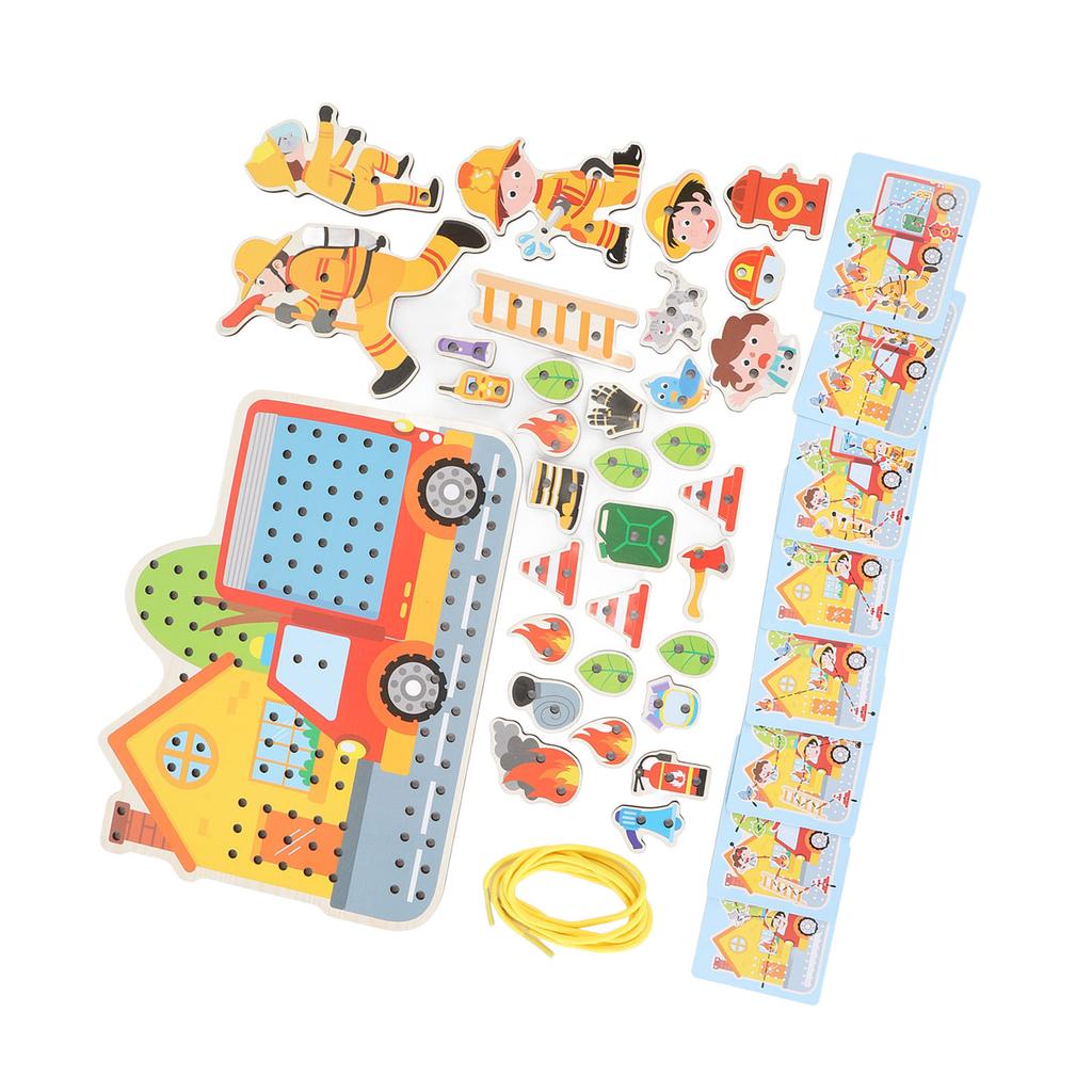 Fire Scene Wooden Lacing Figures Educational Early Learning Wooden Stringing Toy for Kids
