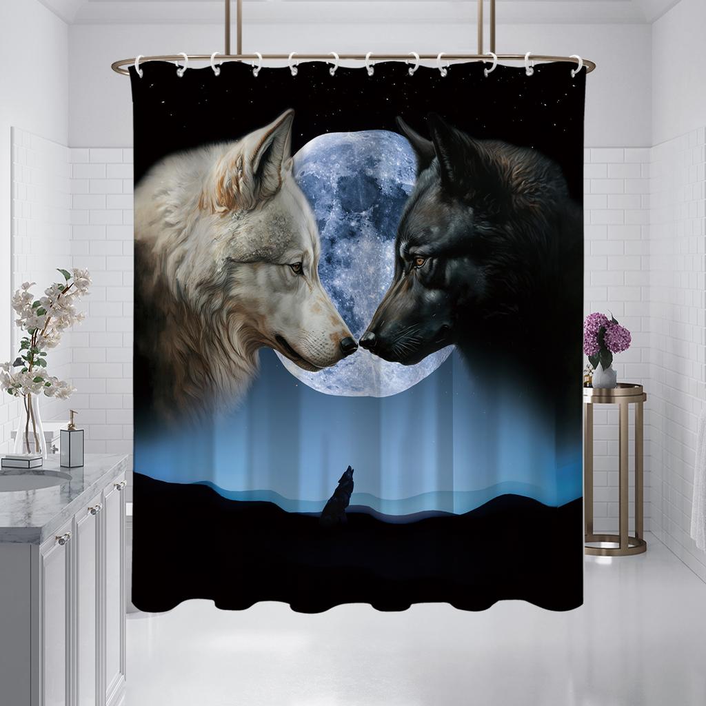 1PC Wolves and Moon Pattern Printed Shower Curtain, Waterproof and Washable, with 12 Hooks, Bathroom Shower, Bathtub, Home Use