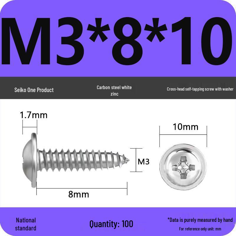 PWA Nickel-Plated Carbon Steel Self-Tapping Screws with Washer, White Zinc Cross Head, Pointed Tail, Sizes: 1.6/1.8/2/2.5