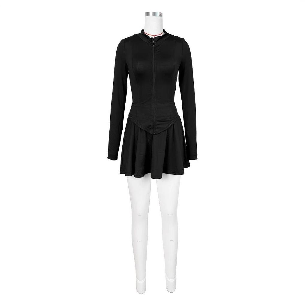 HR24029 Women's Sporty Casual Bodycon Waist-cinching Flared Skirt Set with Safety Shorts