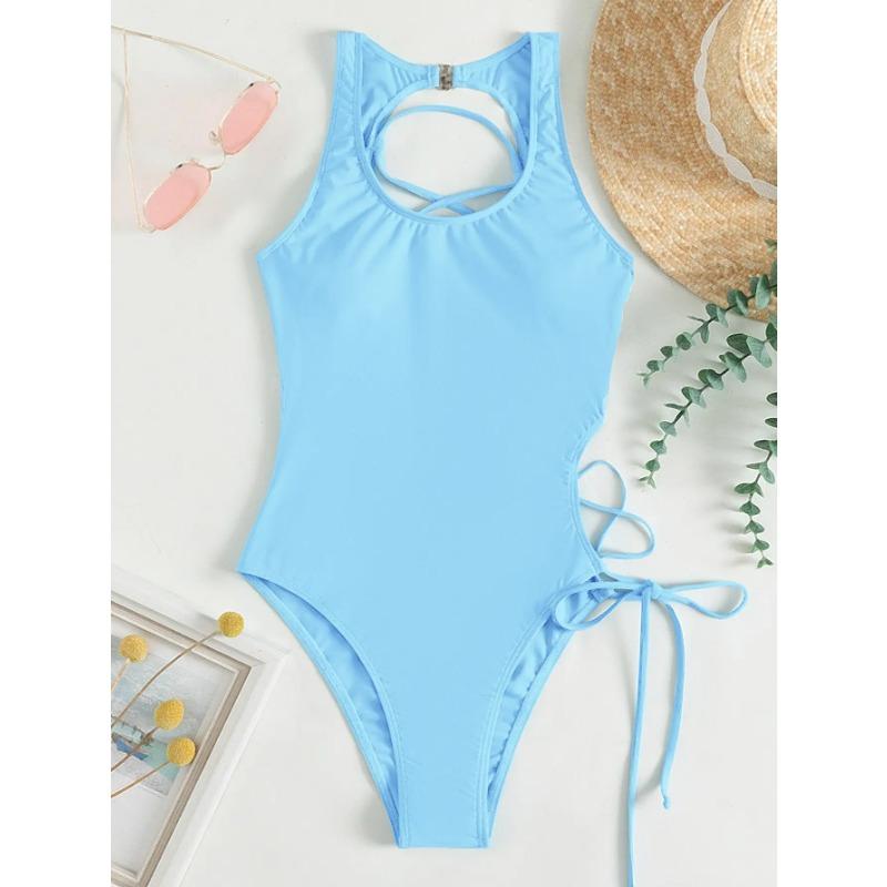2025 Druck Schnürrücken Badeanzug Einteiler Einfarbige Bademode Damen Bade Schwimmanzug Weiblich Gepolstert Sommer Strandbekleidung Body