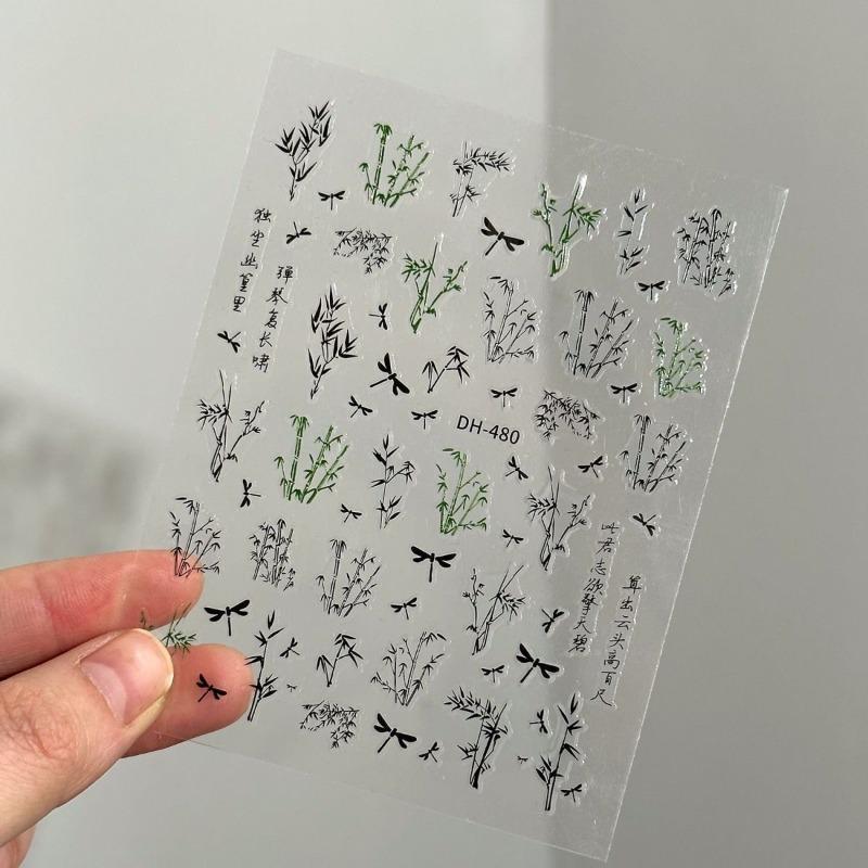 Plum Blossom Green Bamboo Nail Art Sticker New Chinese Style WhiteThree-dimensional Chinese Feng Shui Ink Red Bamboo Ancient Style Adhesive Nail Decal