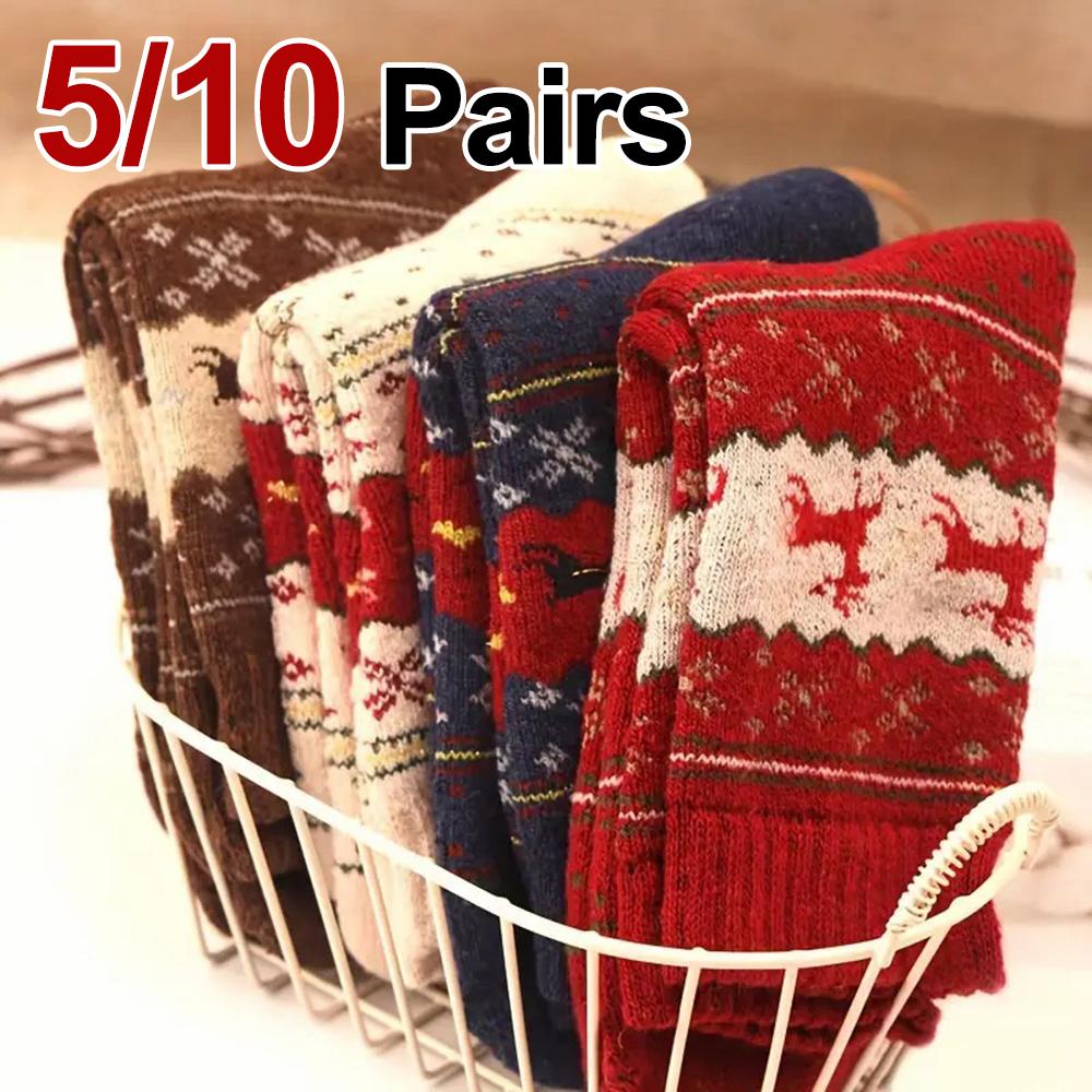 5/10 Pairs Autumn/Winter Thick Reindeer Printed Women Mid Tube Socks Warm Comfortable Suitable as Christmas Gifts Casual Socks