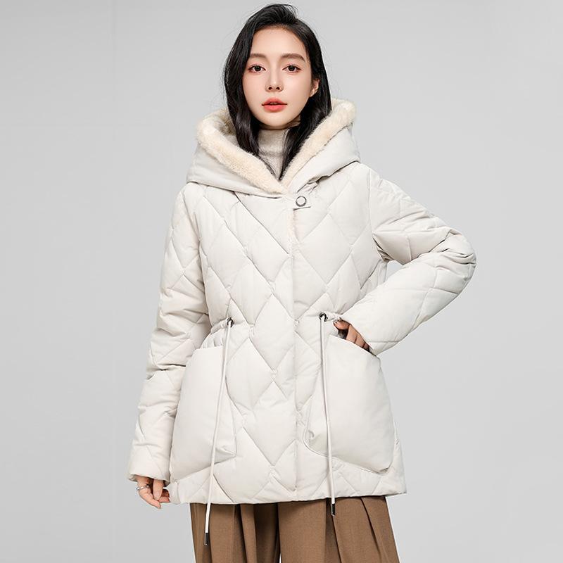 Mid-length loose waist slimming hooded thick diamond-shaped padded jacket jacket