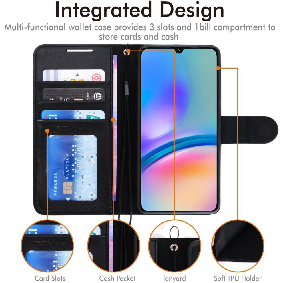 [Leather Wallet Case] Protective Cover with Cash & Card Holder, Stand and Wrist Strap For Samsung Galaxy A05s