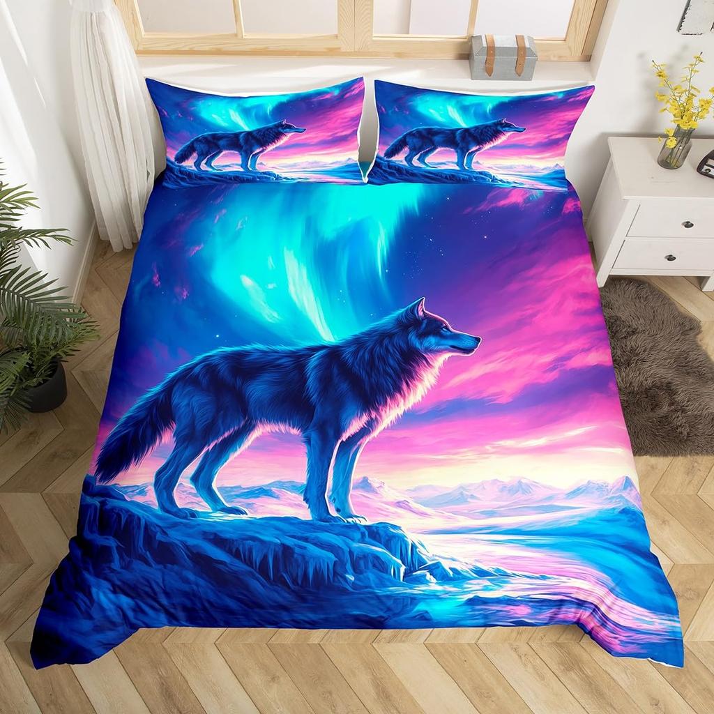 Cute Animal Duvet Cover Set Twin Queen Rabbit Fox Rustic Bedding Set, Starry Sky Galaxy Northern Lights Dreamy Comforter Cover