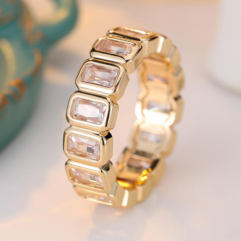 Emerald Cut White Zircon Rings for Women Men Luxury Gold Color Full Eternity Band Gifts Fine Jewelry