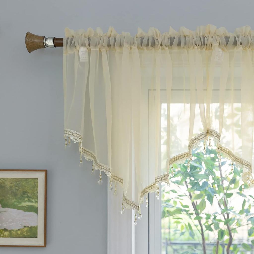 Beaded Triangle Sheer Valance Curta for Living Room,Rod Pocket Farmhouse Window Valance, Bead Trim Tassel Voile Sheer Curtain Valance for Bedroom