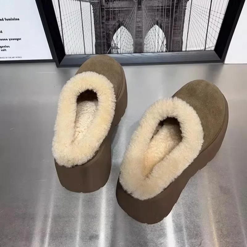 Fashion Platform High Heels Women Fur Slippers Suede Mules Shoes Winter 2025 Trend New Casual Snow Boots Short Plush Warm Cotton Shoes