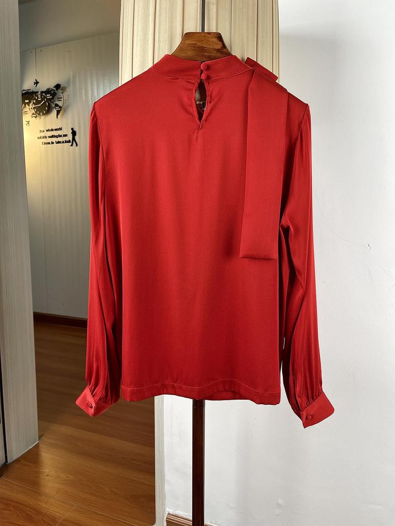 Women's Elegant Stand Collar Silk Bow Blouse, Long Sleeve, Mulberry Silk Ribbon, Commuting Style