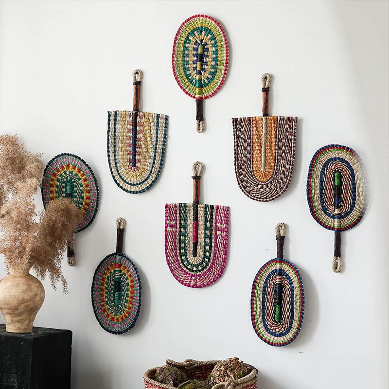 Colorful Circular Wall-Hanging Hand Fan, Vintage Ethnic Style, Hand-Woven Straw Fan, Homestay Landscape Decoration