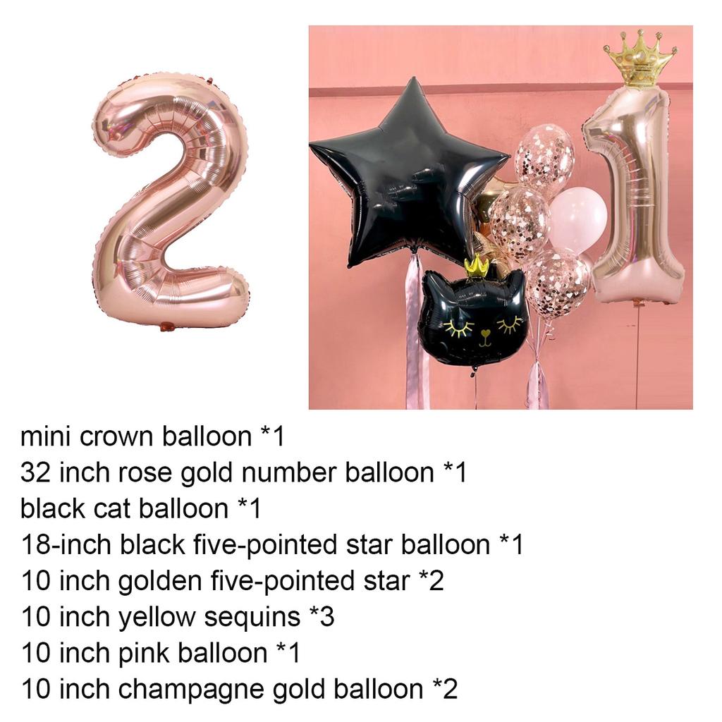 12Pcs Rose Gold Number Crown Cat Balloons Set Metallic Latex Five-pointed Star Sequin Balloons for Happy Birthday Party Decorations