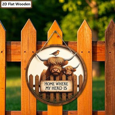 Placa de Boas-Vindas de Madeira com Design de Gado das Terras Altas - Placa Decorativa Rústica para Casa de Campo, Porta da Frente, Decoração de Varanda - Presentes Ideais para a Família