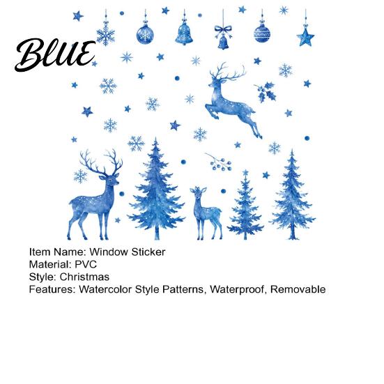 Fresh Watercolor Style Window Art Christmas Sticker Non Adhesive Blue Elk Snowflake Tree Removable PVC Holiday Decorations Wall Decal Static