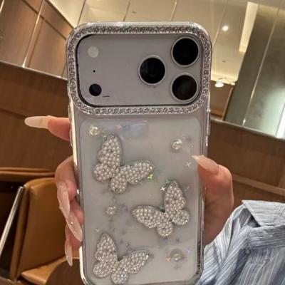Elegant Resin Pearl Butterfly iPhone 16/17 Pro Max 15 Pro Case Women Protective Cover with Luxury Design