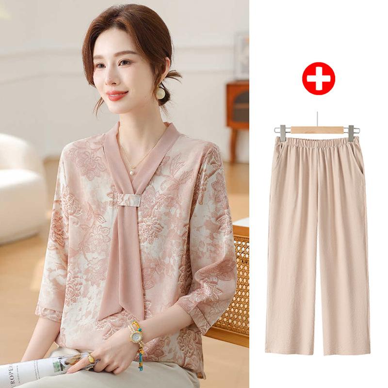 Fashion Printed Spring and Autumn Shawl Collar Women's Fashion Floral Checked Mid Sleeved Loose Chiffon Tops