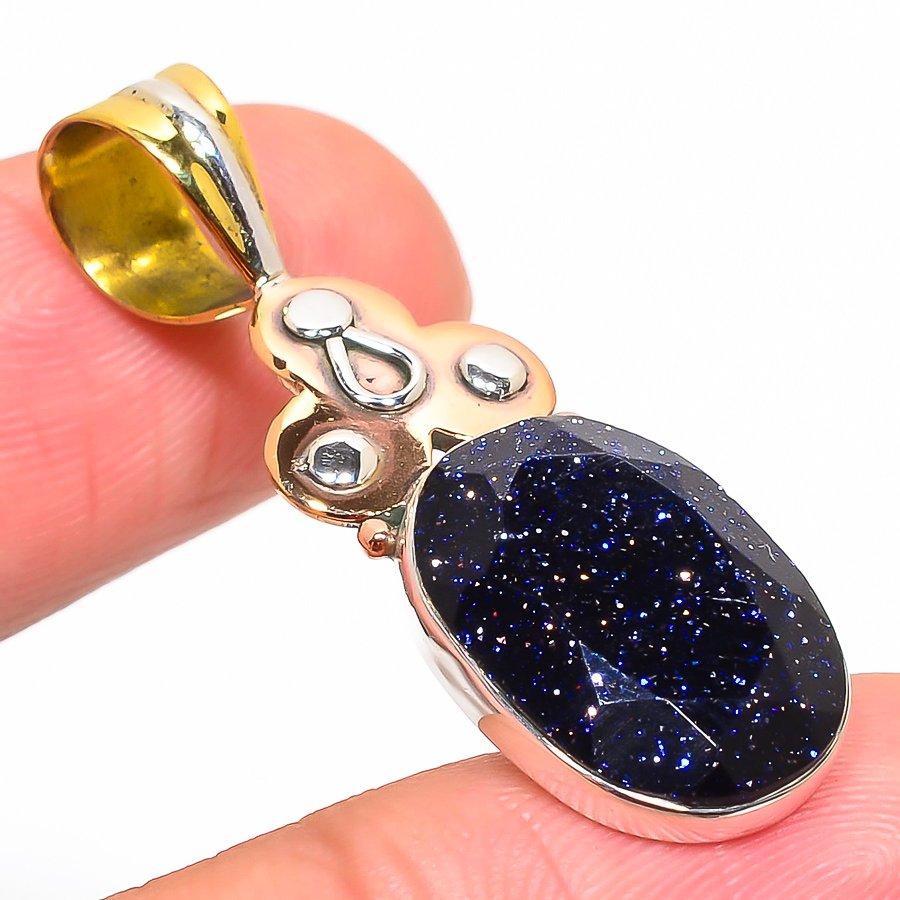 Natural Blue Sunstone Two Tone 925 Solid Sterling Silver Gift Pendant 1.50" H1k09