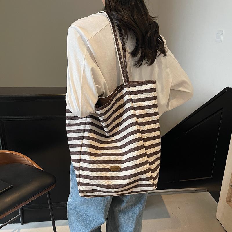 Summer striped canvas bag women's new double-sided shoulder underarm tote bag Korean portable shopping bag