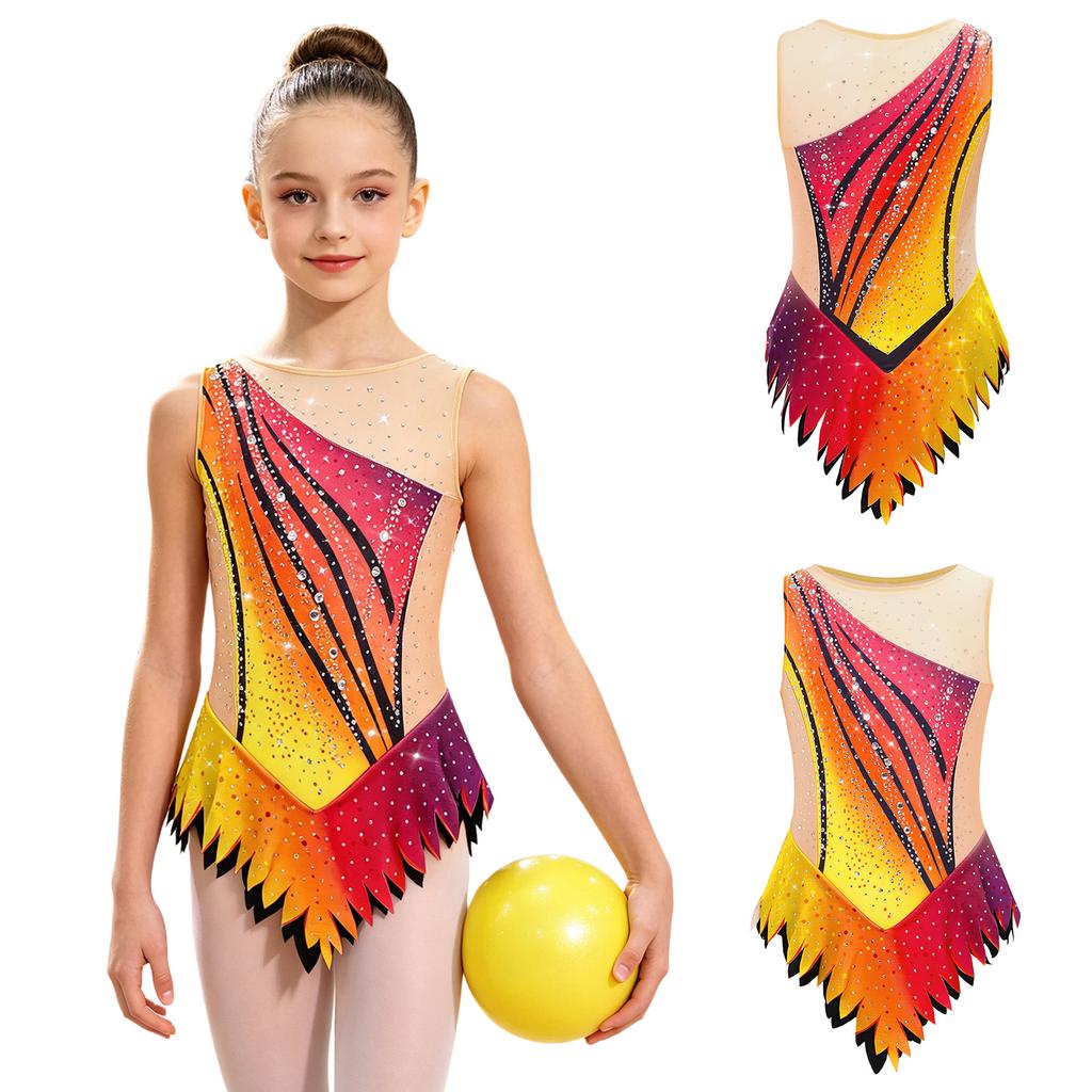 Maillot de ballet pour enfant à manches courtes, bloc de couleurs, strass, body en maille avec fermeture à pression à l'entrejambe pour gymnastique rythmique, spectacle sur scène