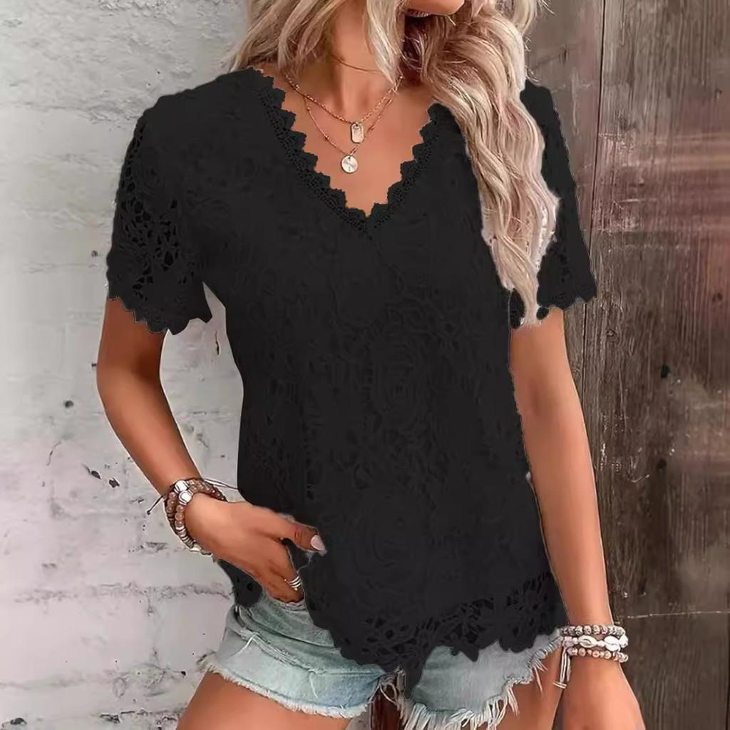 Euro Style T Shirt With Lace Trim For Women Spring Casual Fashion Top