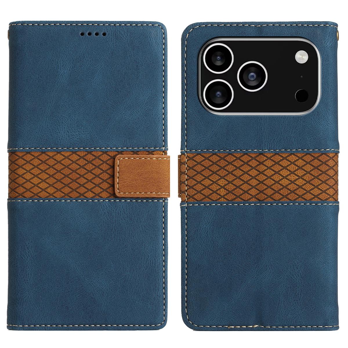 

For iPhone 17 Pro Case Grid Splicing Stand Wallet Leather Phone Cover Blue