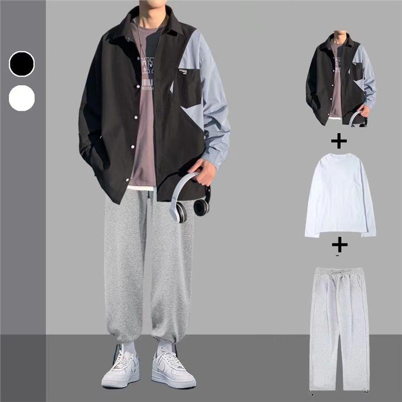 Men's Trendy Spliced Long-Sleeve Casual Shirt Set for Spring and Autumn