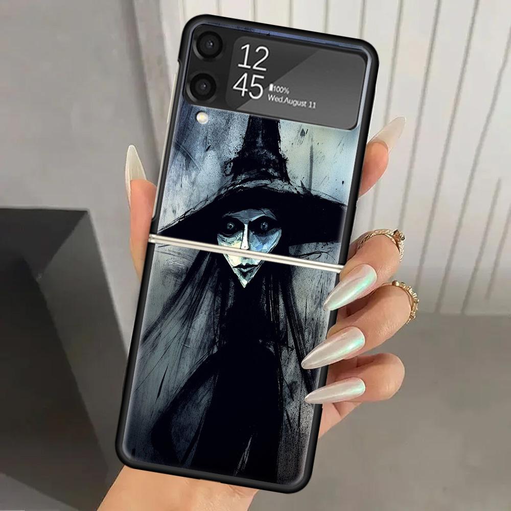 Halloween Moon Witch Horror Hard PC Phone Case For Samsung Galaxy Z Flip 7 6 5 4 3 Black ZFlip7 ZFlip6 Flip5 Flip4 Flip3 5G Prin