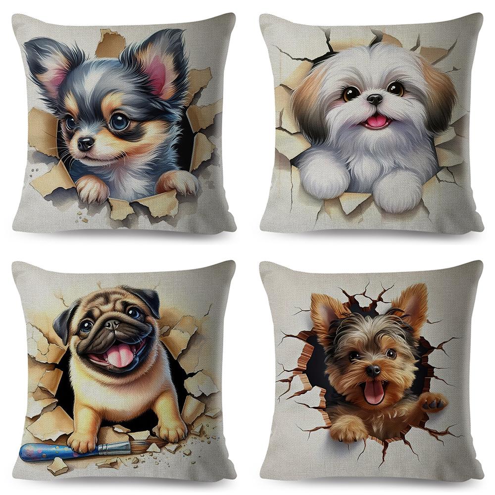 3D Crack Wall Lifelike Puppy Print Throw Pillow Cover Gentle Skin Touch Sofa Bedroom Household Decor Present