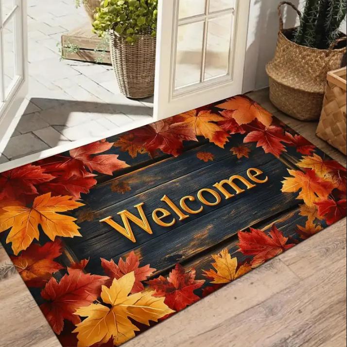 Autumn Maple Leaf Welcome Mat Orange Brown Thanksgiving Welcome Door Mat Cursive Script Entrance Mat Suitable for Front Door