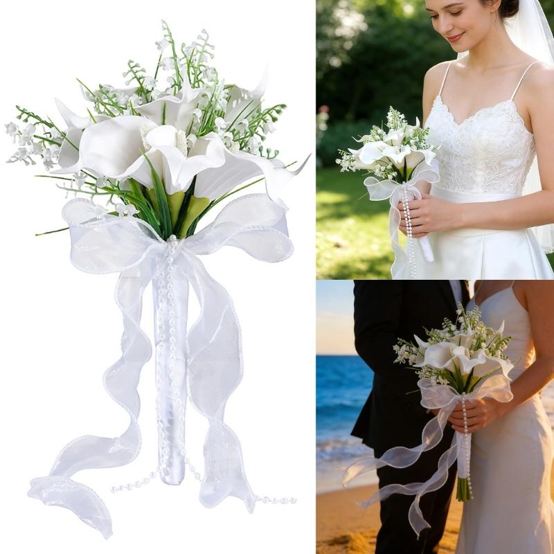 Artificial Silk Flower Bride Handheld Bouquet Wedding Flower Arrangement with Ribbon Design for Ceremony Engagement