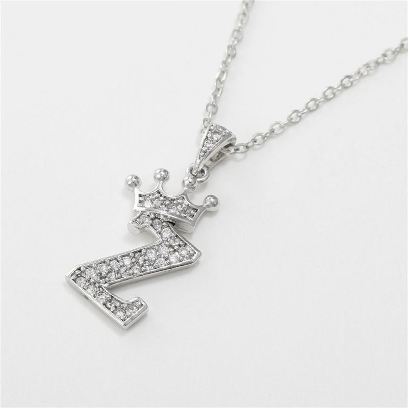 Fashion Cubic Zirconia Crown Letter Pendant Necklace Silver Hip Hop Punk Alphabet Jewelry