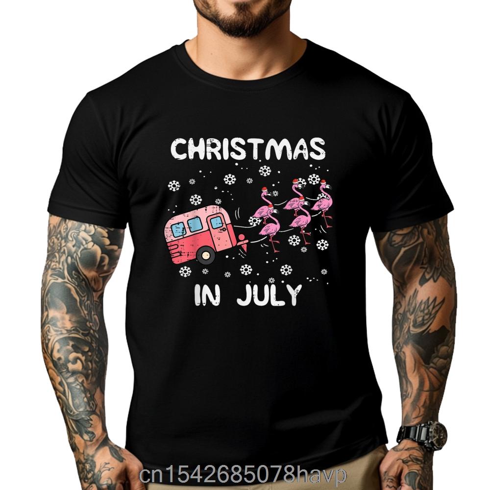 Loose Printed T-shirt Christmas In July Flamingo Trailer Summer Xmas Camp Camper Graphic Tees Casual Wear