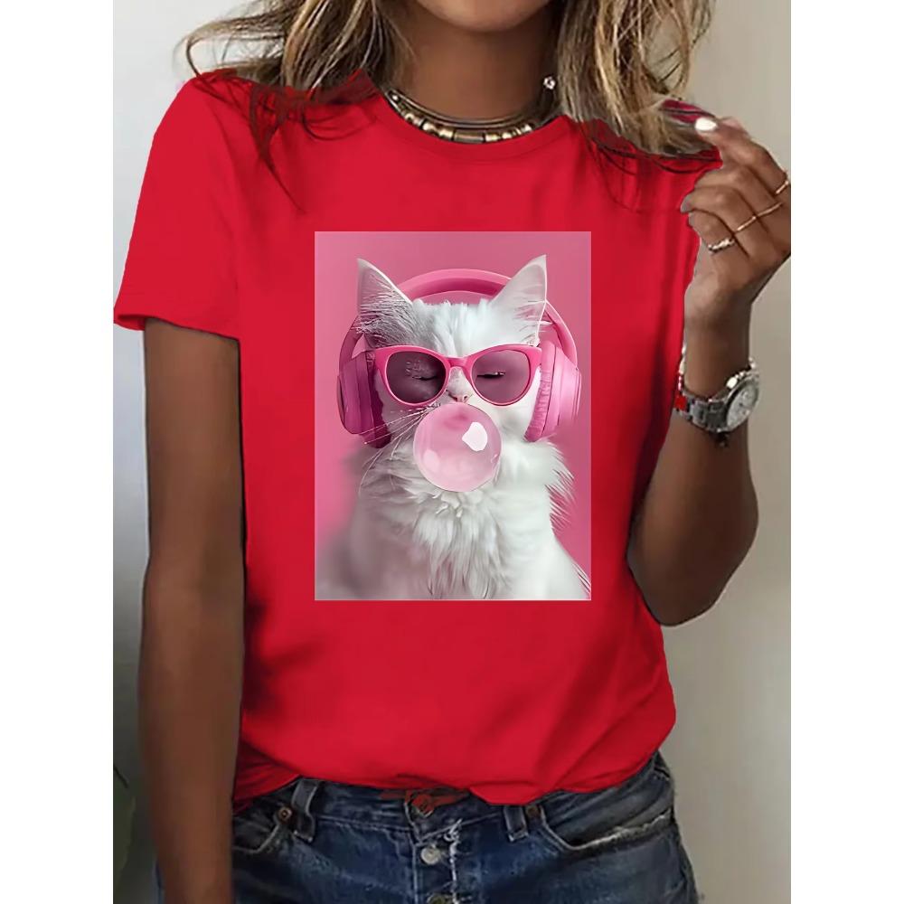 

T-Shirt for Women with A Print A Cat Wearing Pink Headphones and Glasses Blowing Bubble Harajuku Casual Aesthetic Clothes XS