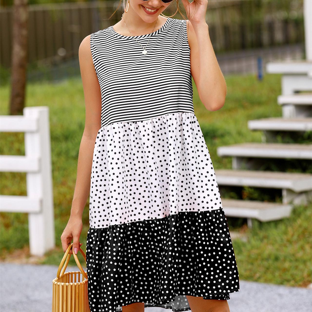 

QICED женская мода лето весна повседневные платья без рукавов с круглым вырезом в горошек XXL чёрный