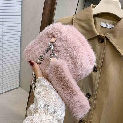 Autumn Winter Furry Crossbody Bag for Women Simple Solid Color Soft Lipstick Earphone Bags Lady Chain Clutches