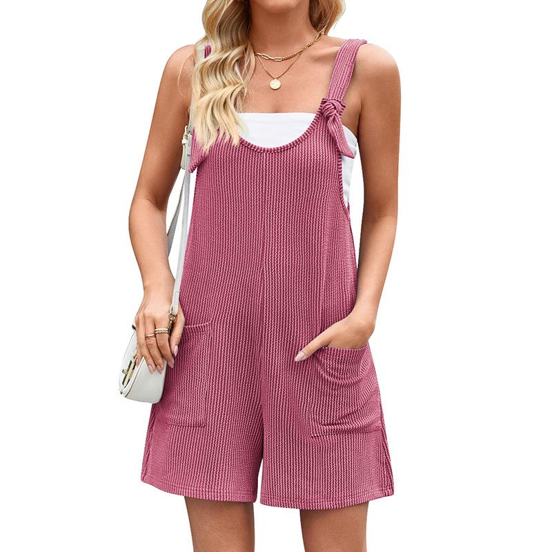Damen Freizeit Ärmellos Taschen Gerade Locker Träger Kurzer Overall Jumpsuit