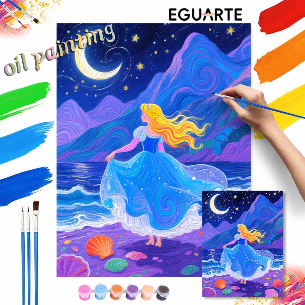 Disney Digital Oil Painting Art Kit Princess Moonlight Beach Handmade Coloring Painting Home Decor
