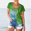 Handbemalte Cartoon Katze Damen Niedliche T-Shirts Kurzarm 3D Gedruckt Street Style Damen Tees Locker Lässig V-Ausschnitt Tops Übergroß