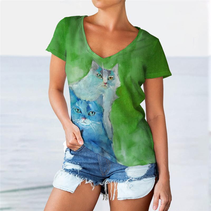 Handbemalte Cartoon Katze Damen Niedliche T-Shirts Kurzarm 3D Gedruckt Street Style Damen Tees Locker Lässig V-Ausschnitt Tops Übergroß