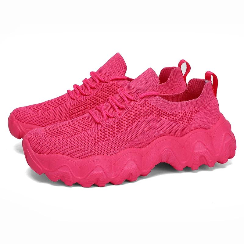 

Fashionable Women s Running Shoes Breathable Light Fabric Wavy Sole Thick Sole Shoes Neon Pink Women s Sneakers 36