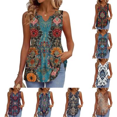 Women's Fashionable New Retro Floral Textured V-neck Loose Casual Flowy Sleeveless Vest Top