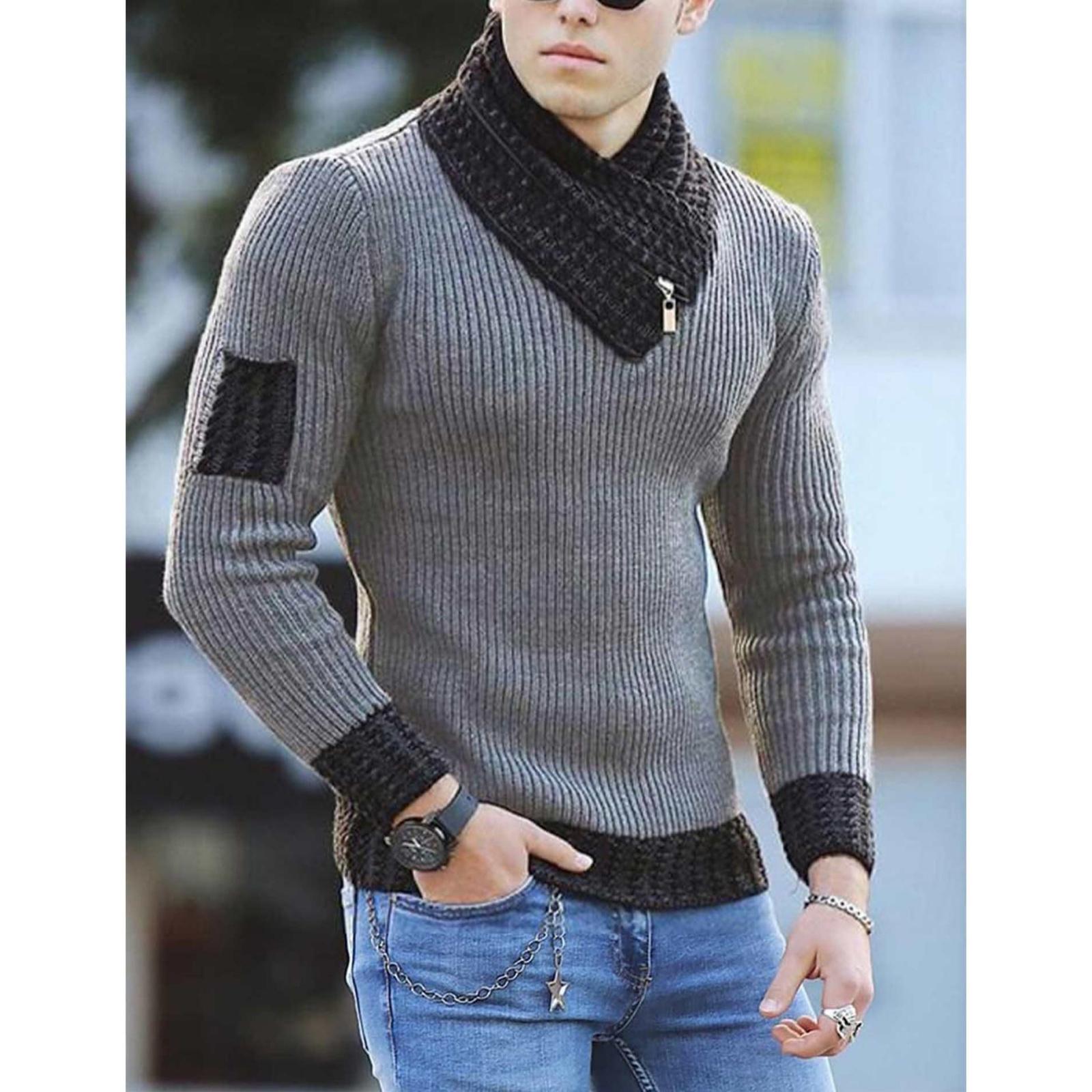 

Men s Casual Solid-color Patchwork Style Long-sleeved High-neck Sweater, Men s Fitted Knitted Pullover, Scarf Collar Sweater XXL