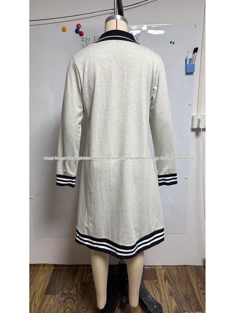 2026 Women's Casual Color Block Lapel Zipper Dress with Pockets