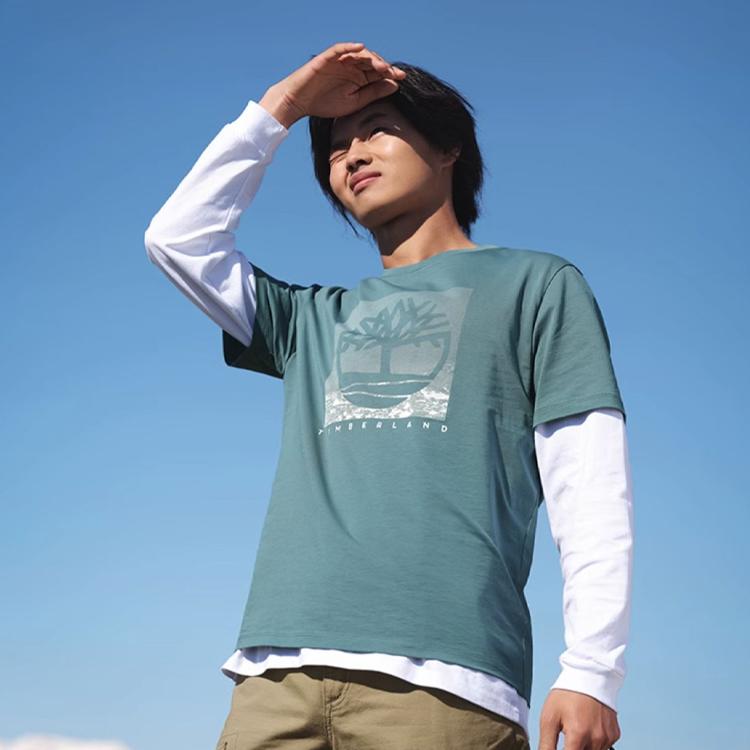 Timberland Koszulka męska z dużym logo, codzienna, slim fit, oddychająca, z okrągłym dekoltem, niebiesko-zielona A61XY-CL6